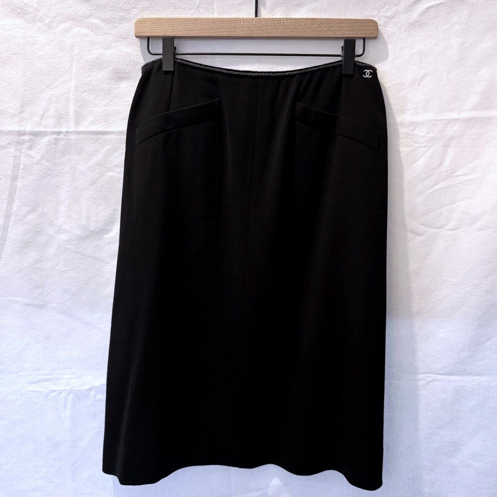 Chanel Black Wool A-Line Skirt Chain Waist CC Logo Spring‎ 2000 P00 Sz. 42